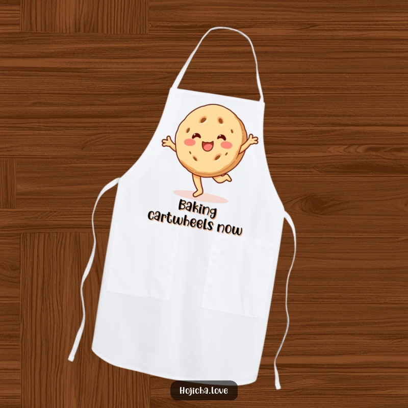 Funny hojicha cookie apron, beaming with a smile and cartwheeling, a cheerful and practical kitchen accessory.