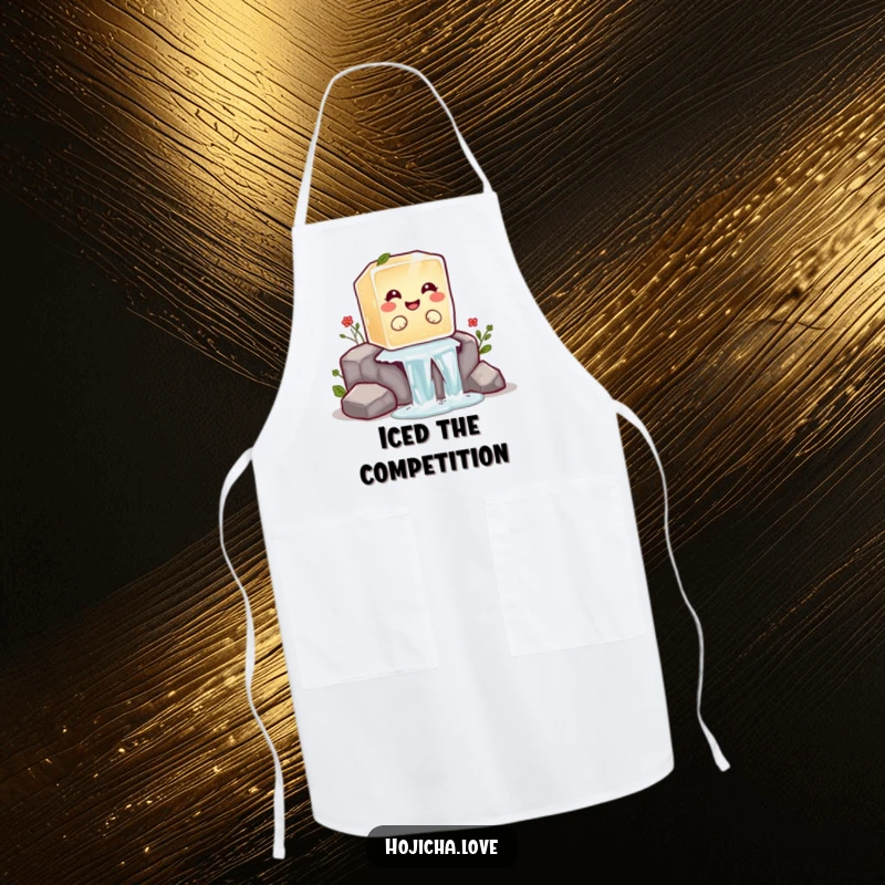 Funny hojicha ice cube apron with a giggling ice cube sliding down a waterfall, perfect for cheerful cooking.