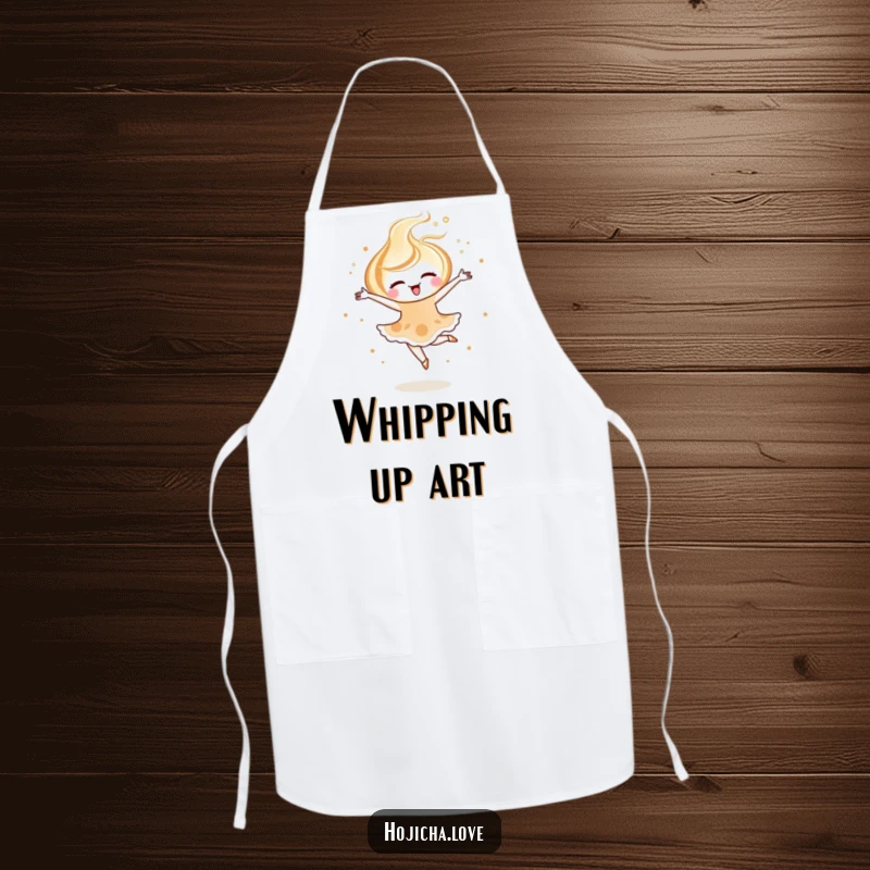 Funny hojicha latte art apron with a joyful swirl performing a ballet pirouette, perfect for elegant cooking.