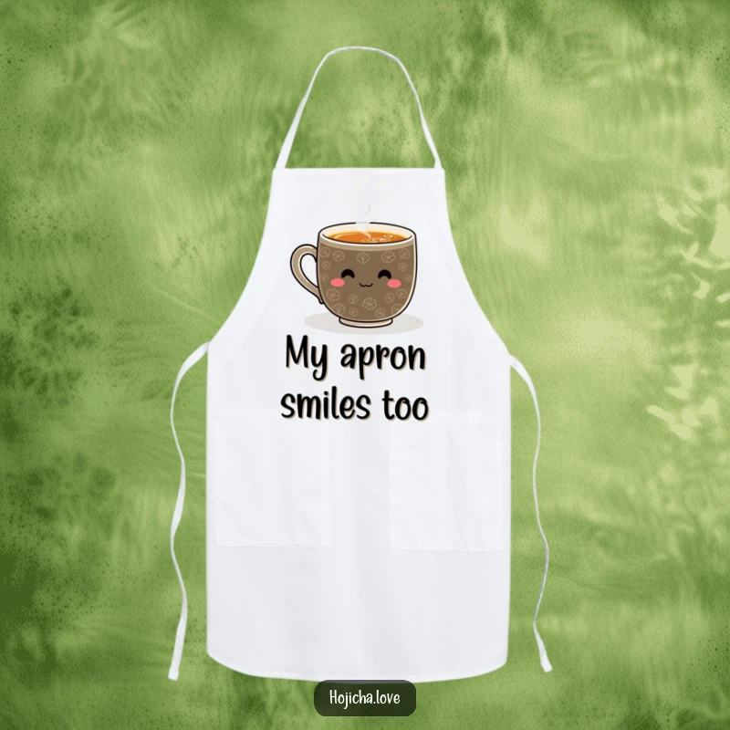 Funny hojicha apron with a smiling whisked pattern, keeping you clean while adding a cheerful culinary touch.