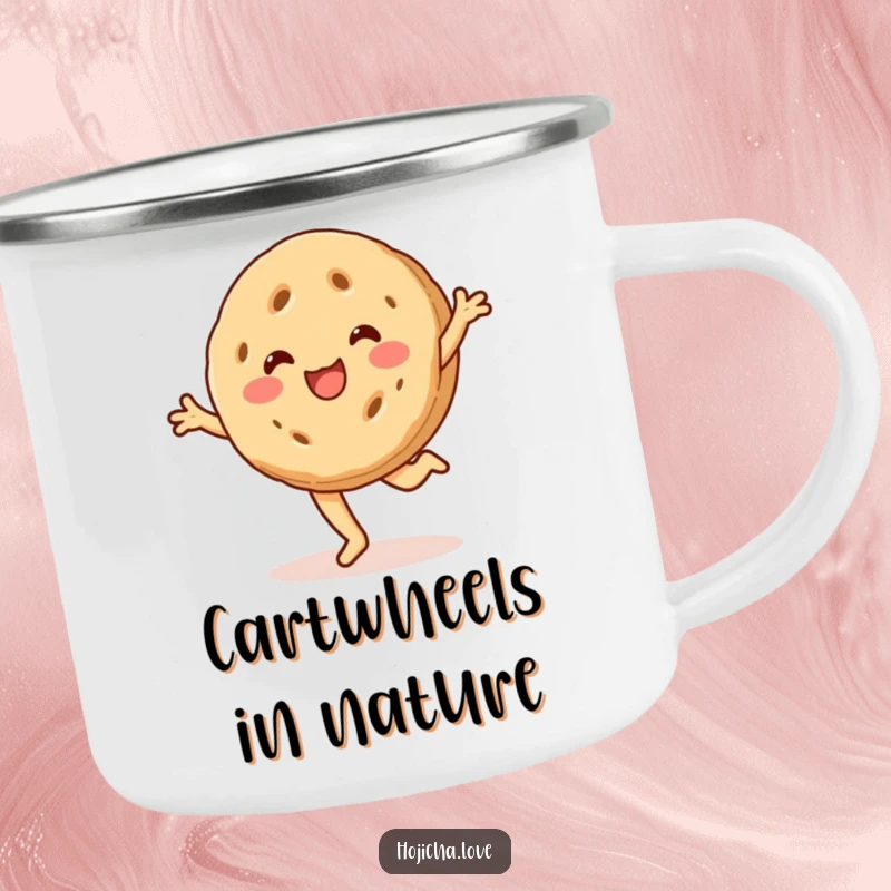 Funny hojicha cookie camping mug, beaming with a smile and cartwheeling, durable and playful for outdoor enjoyment.
