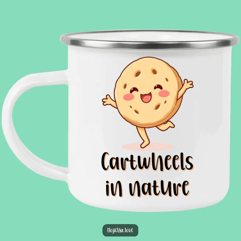 Funny Cartwheeling Hojicha Cookie Camping Mug - Beaming Outdoor Treat