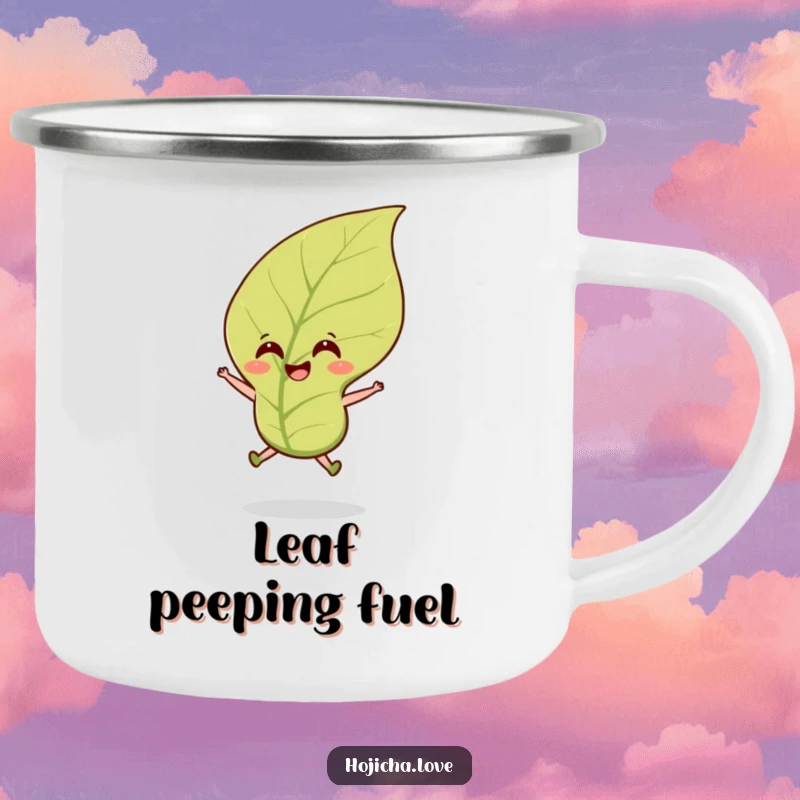 Funny hojicha tea leaf camping mug featuring a smiling leaf leaping in a breeze, ideal for outdoor enjoyment.