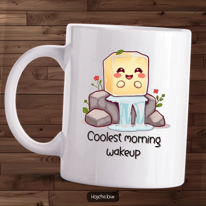 Funny hojicha ice cube mug featuring a giggling ice cube sliding down a miniature waterfall, embodying playful refreshment.