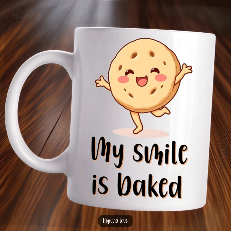 Funny hojicha cookie mug, beaming with a smile and doing a cartwheel, embodying playful sweetness.