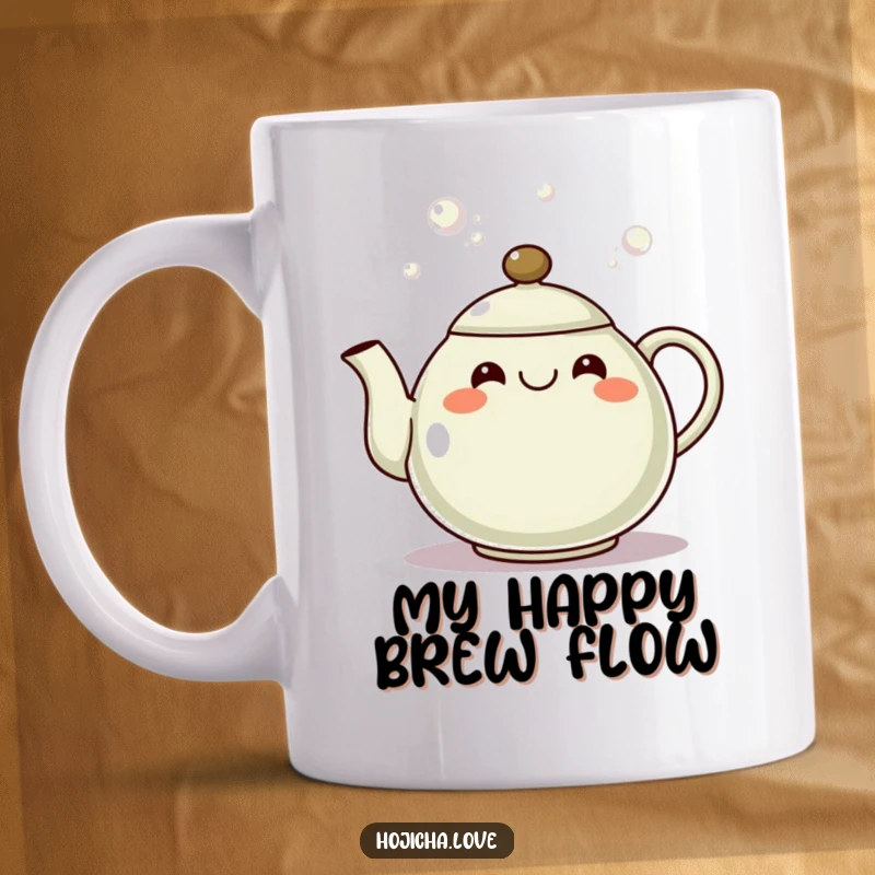 Funny hojicha teapot mug with a grinning spout pouring bubbles, symbolizing cheerful tea time.