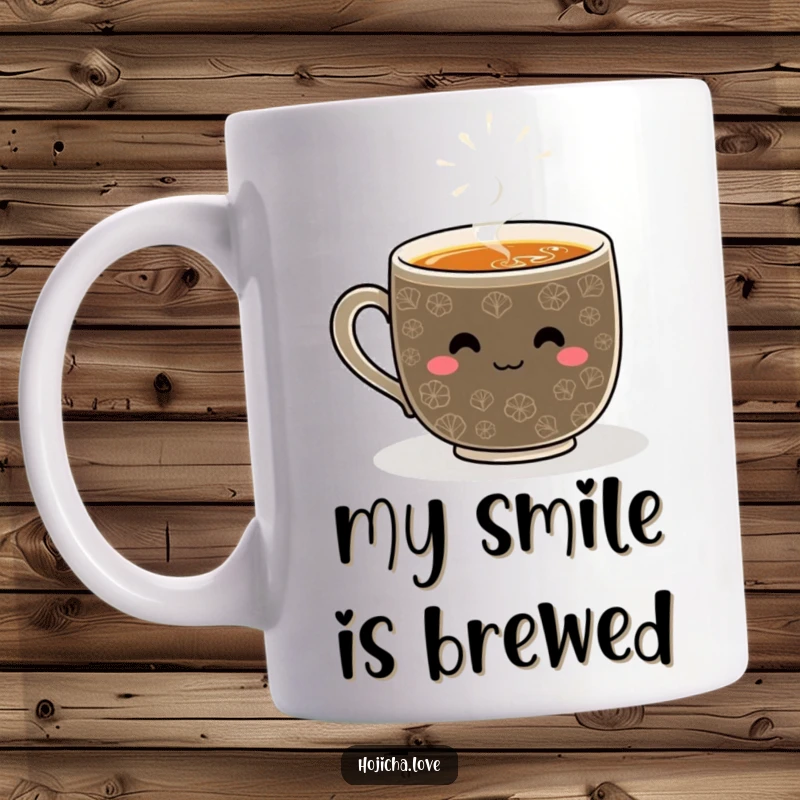 Funny hojicha mug with smiling whisked pattern, radiating happiness and warmth, perfect for tea lovers.