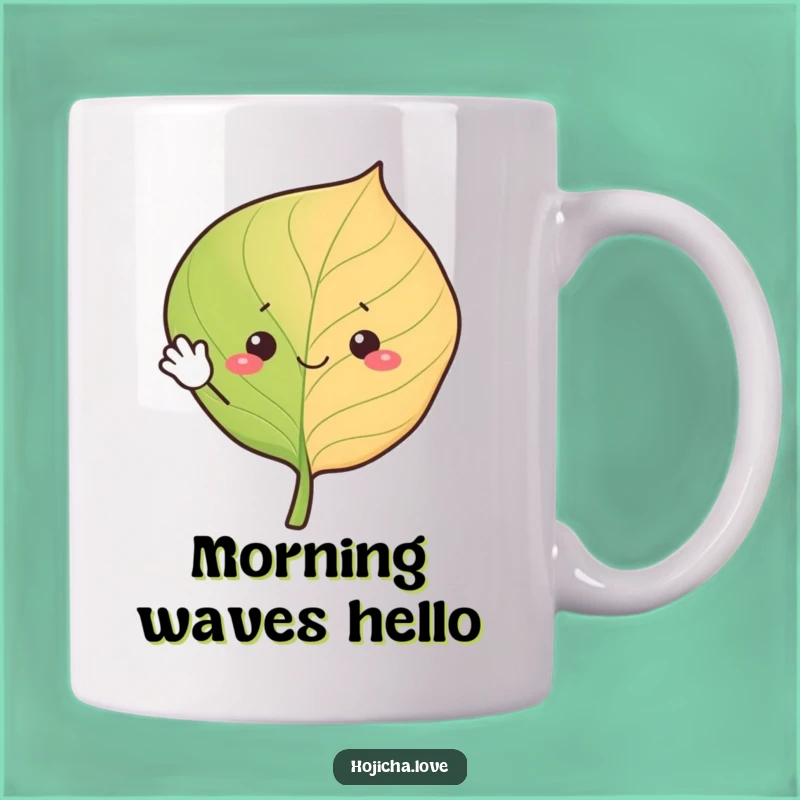 Funny Waving Hojicha Leaf Mug - Cheerful Tea Drinker Gift
