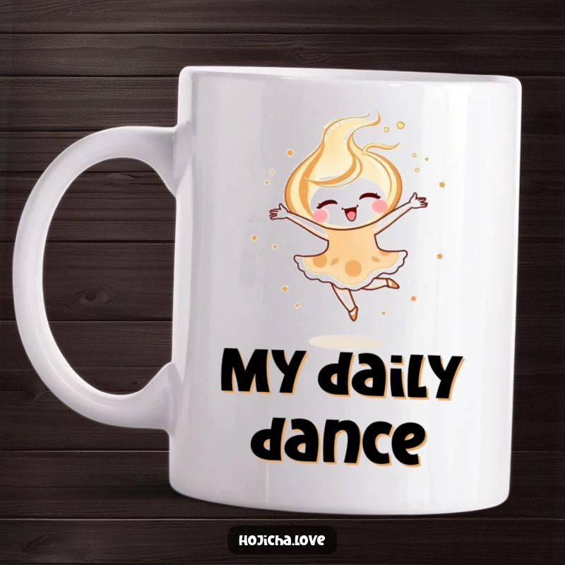 Funny hojicha latte art mug featuring a joyful swirl performing a ballet pirouette, symbolizing elegant delight.