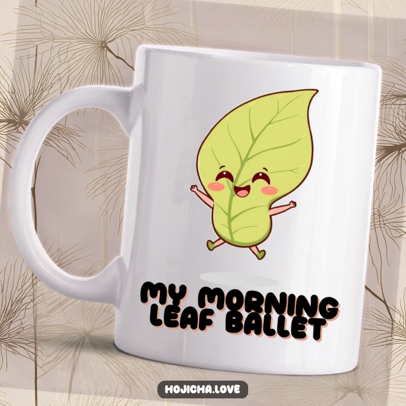 Funny hojicha tea leaf mug with a smiling leaf joyfully jumping in a gentle breeze, perfect for tea enthusiasts.
