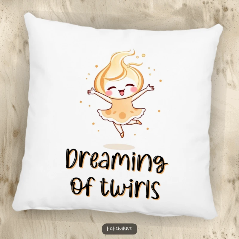 Funny hojicha latte art pillow featuring a joyful swirl pirouetting, adding an elegant touch to decor.