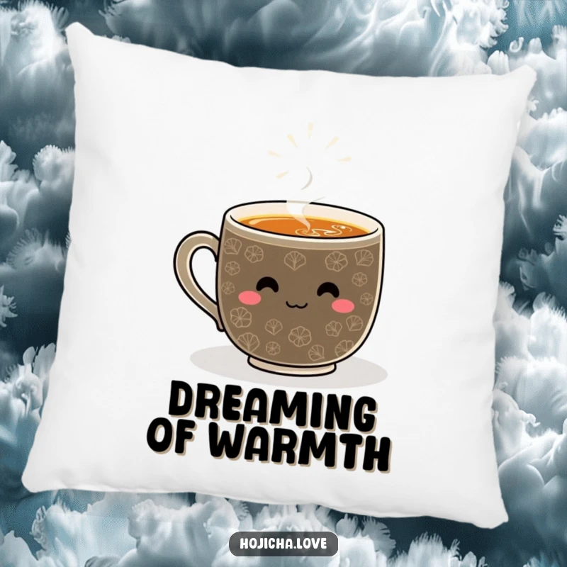 Funny hojicha pillow with a smiling whisked pattern, offering comfort and a cheerful, heartwarming aesthetic.