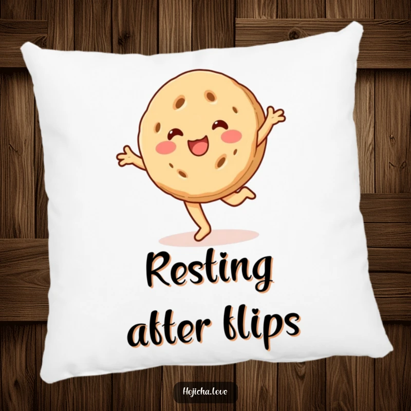 Funny hojicha cookie pillow, beaming with a smile and cartwheeling, soft comfort with a joyful design.