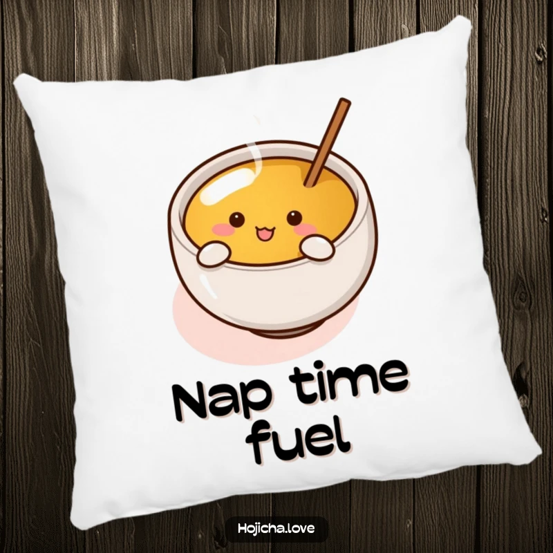 Funny hojicha cup with tiny arms enthusiastically stirring tea, depicted on a soft and cozy decorative pillow.