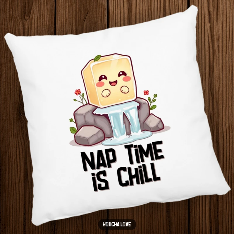 Funny hojicha ice cube pillow featuring a giggling ice cube sliding down a waterfall, adding playful decor.