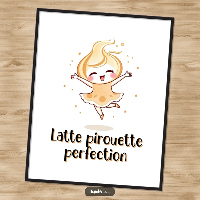 Funny hojicha latte art digital art print of a joyful swirl performing a ballet pirouette, instant elegant decor.