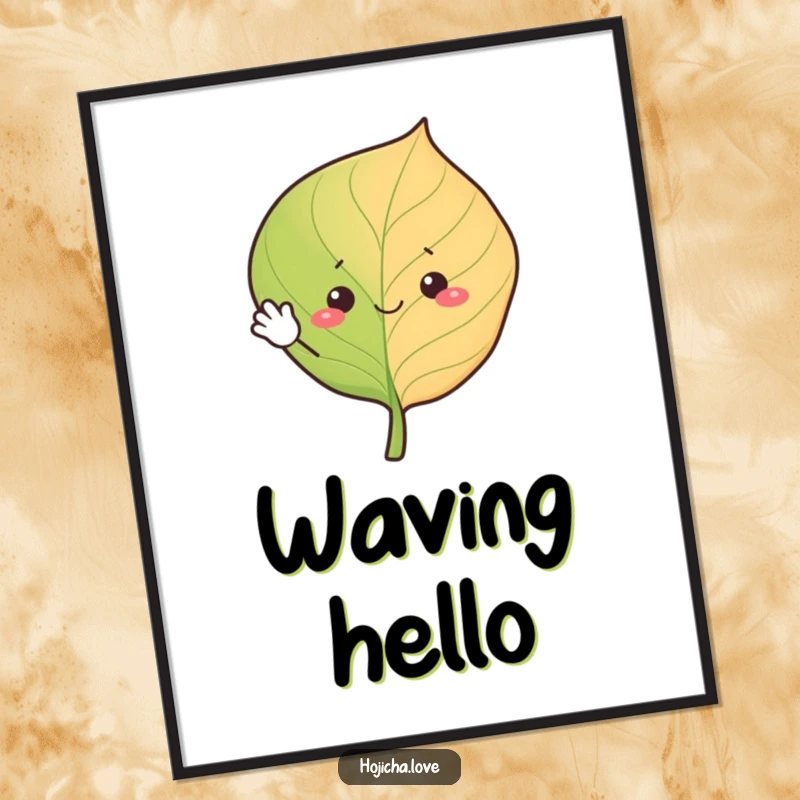 Funny hojicha leaf digital art print, cheerfully waving with simple eyes, bringing friendly vibes and tea-themed fun.