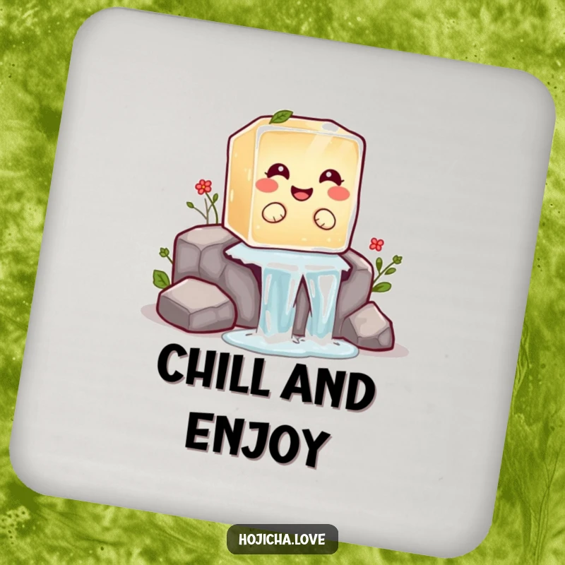 Funny hojicha ice cube coaster set with a giggling ice cube sliding down a waterfall, adding cool flair.