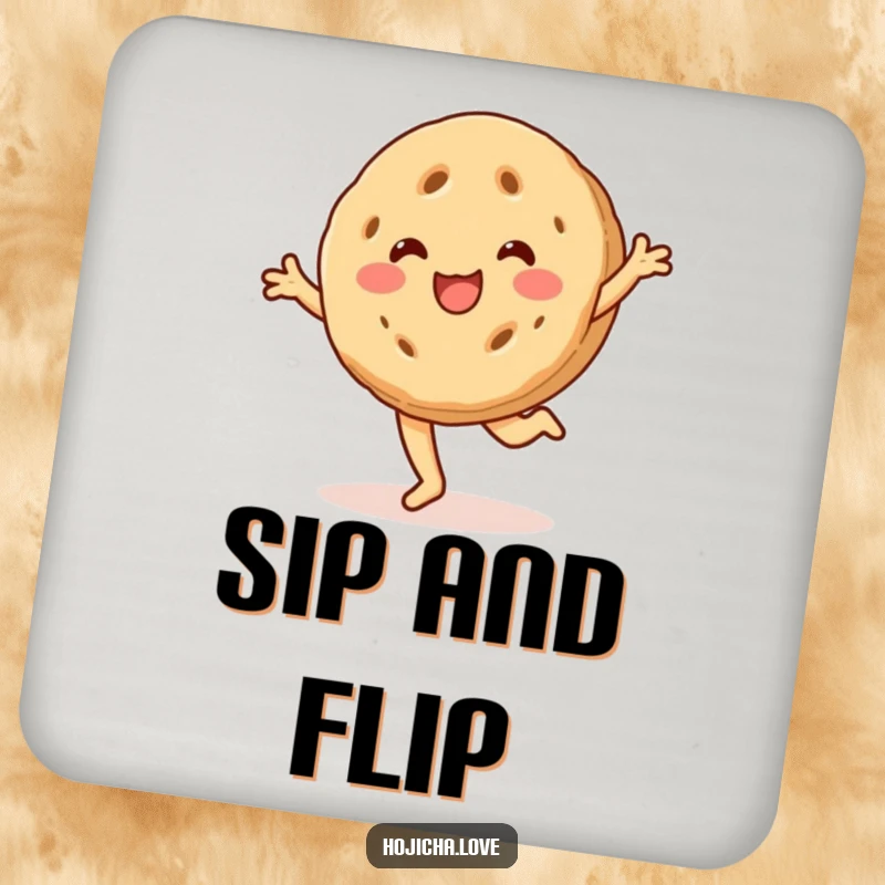 Funny hojicha cookie coaster, beaming with a smile and cartwheeling, a playful and functional accessory.