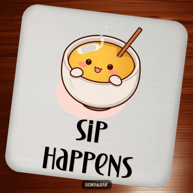 Funny hojicha cup with tiny arms enthusiastically stirring tea, printed on a protective and humorous drink coaster.