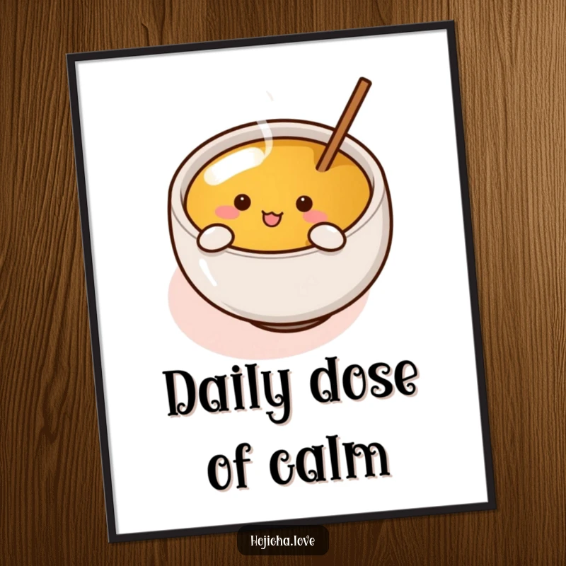 Funny hojicha cup with tiny arms making enthusiastic stirring motions, presented as humorous wall art.