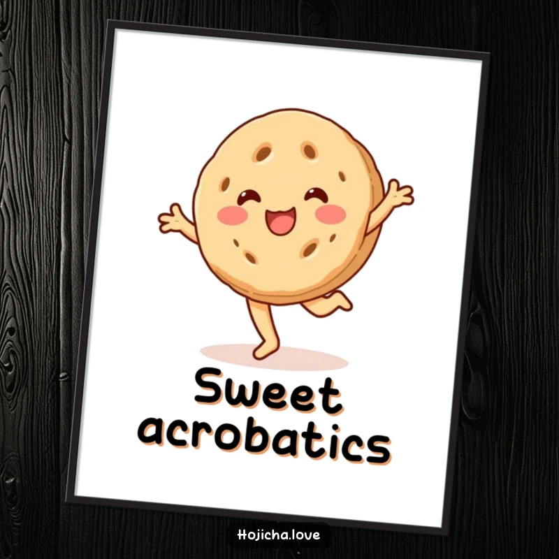 Funny hojicha cookie poster, beaming with a smile and cartwheeling, a delightful artwork capturing playful energy.