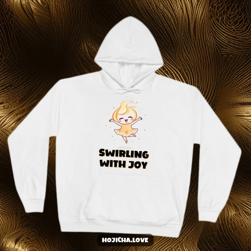 Funny hojicha latte art hoodie featuring a joyful swirl performing a ballet pirouette, for cozy, stylish wear.