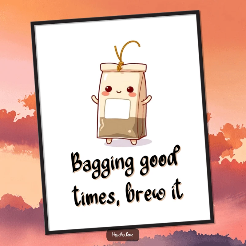 Funny Free Printable Wall Art: An excited hojicha tea bag is mid-dance, its string creating a playful swirl, bringing energy to walls.