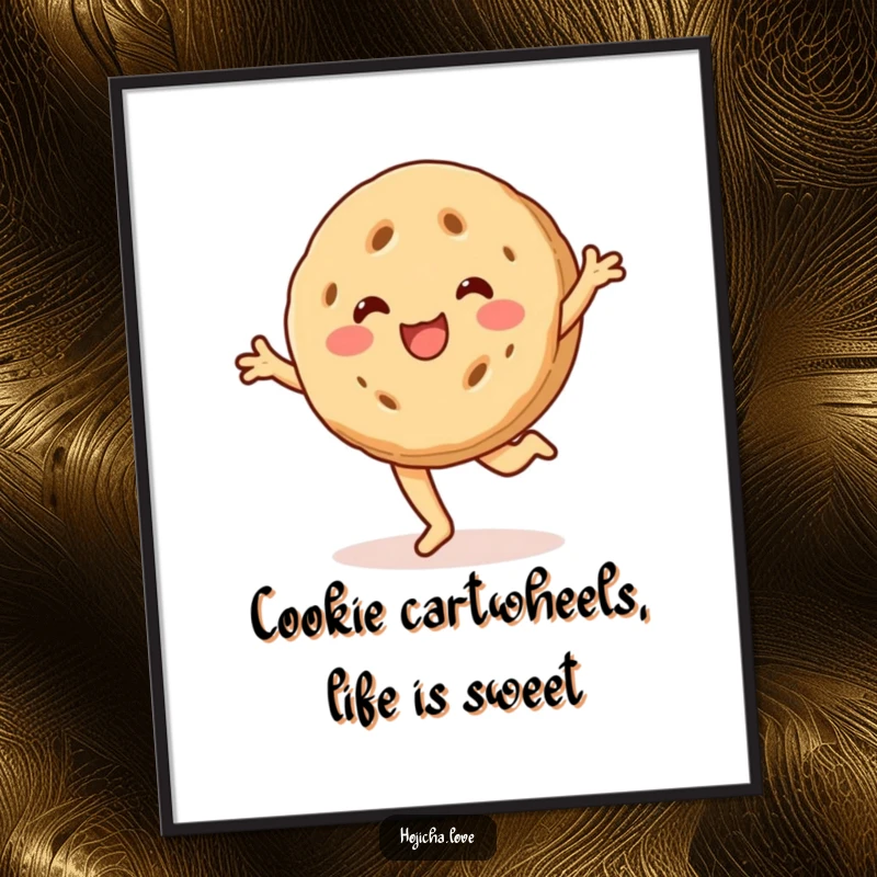 Funny Free Printable Wall Art: A happy hojicha cookie with a beaming smile executes a perfect cartwheel, adding playful energy to walls.