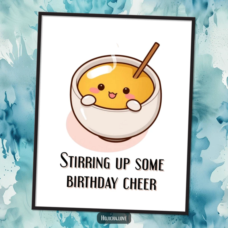 Funny Free Printable Wall Art: A cute, round Hojicha cup with tiny arms enthusiastically stirring tea, a delightful decor piece.