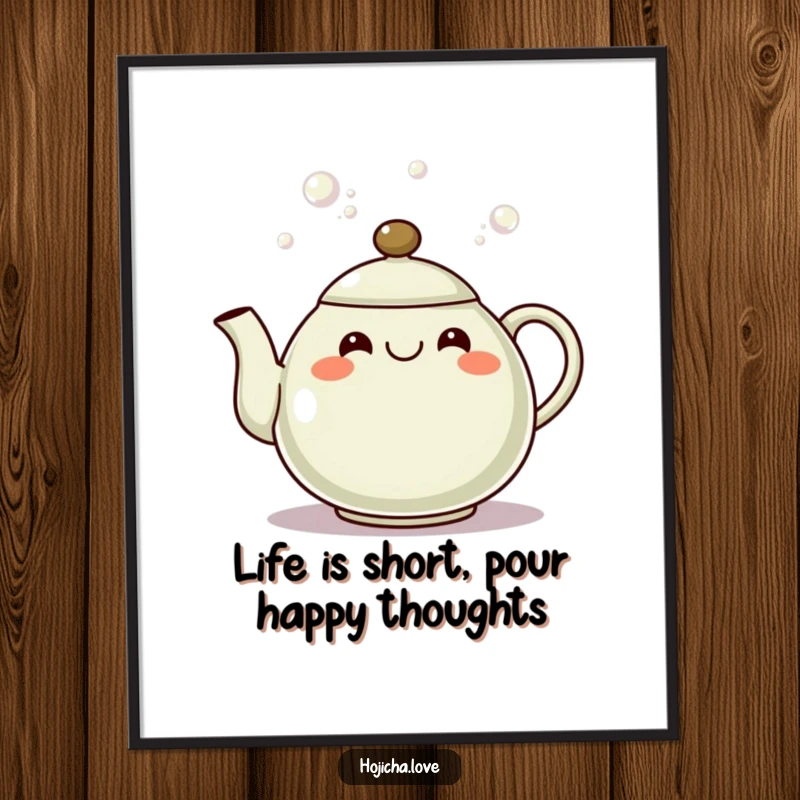 Funny Free Printable Wall Art of a happy hojicha teapot with a wide, infectious grin, pouring out a stream of playful bubbles.