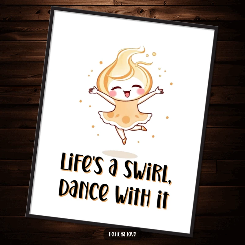 Funny Free Printable Wall Art featuring a joyful hojicha latte art swirl mid-pirouette, showcasing delicate ballet grace.