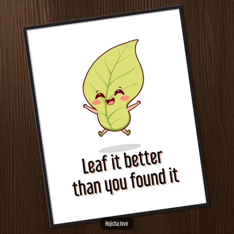 Funny Free Printable Wall Art depicting a smiling hojicha tea leaf joyfully leaping upwards in a gentle, refreshing breeze.