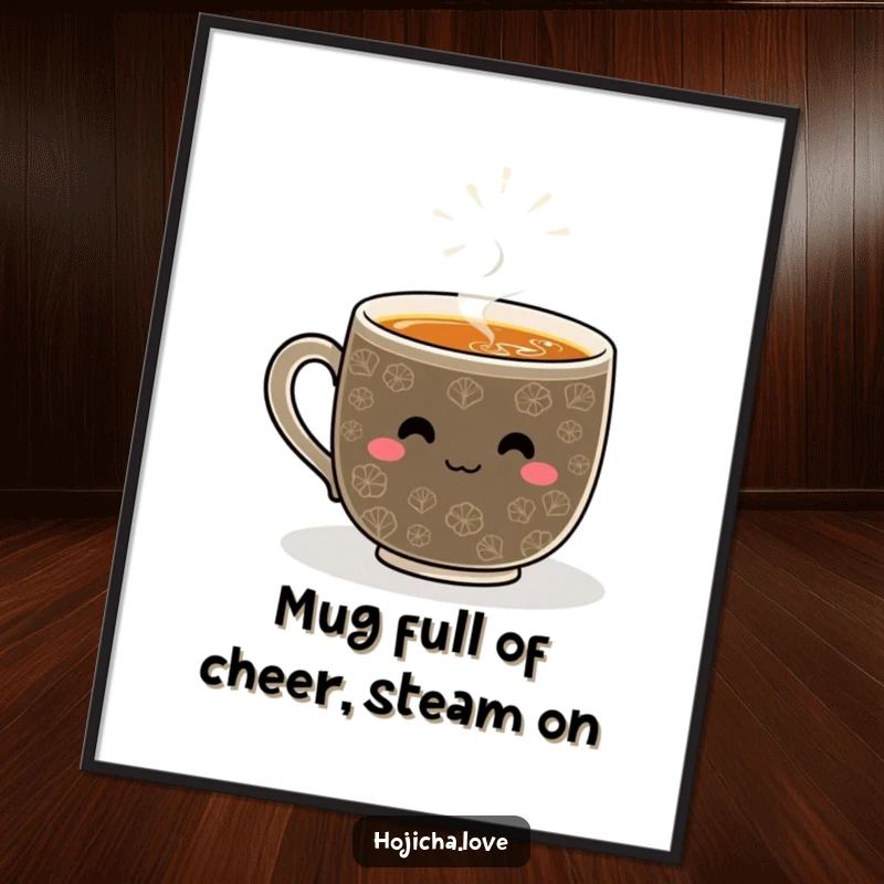 Funny Free Printable Wall Art: A steaming hojicha mug grins broadly, its whisked pattern a happy face, adding cheer to walls.