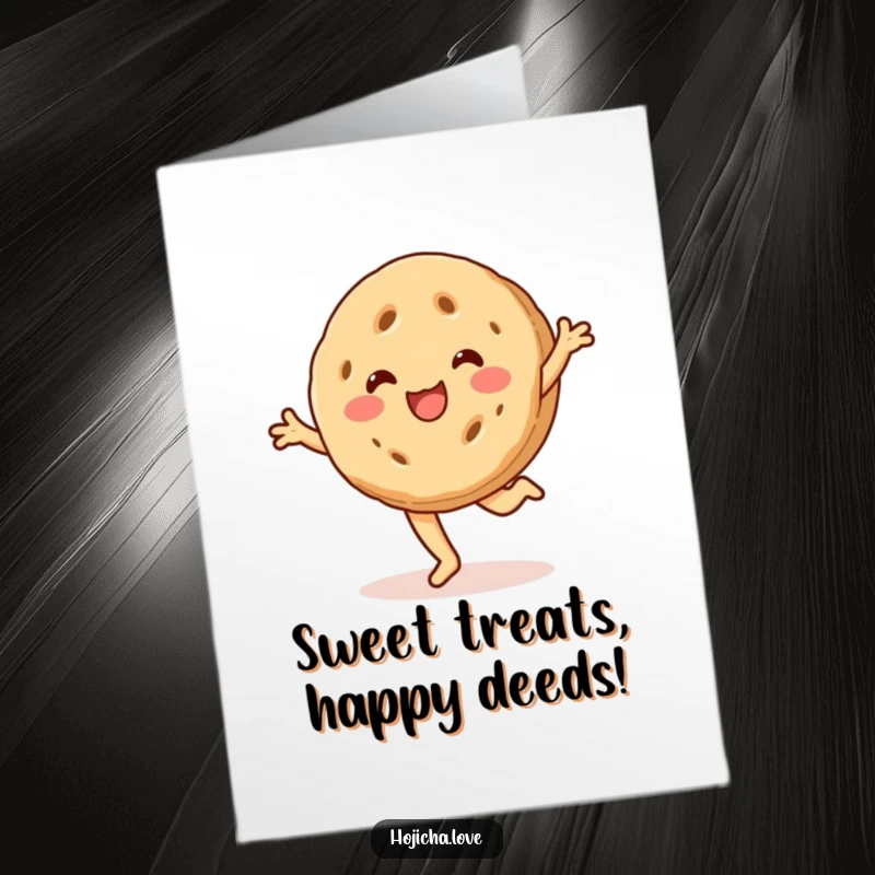 Funny Free Printable Birthday Card: A hojicha cookie with a big smile does a cartwheel, celebrating your special day, downloadable.