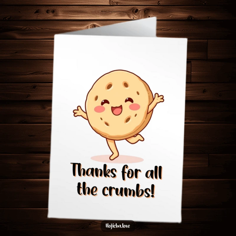 Funny Free Printable Thank You Card: A hojicha cookie beams with a smile doing a cartwheel, expressing thanks in a playful way, downloadable.