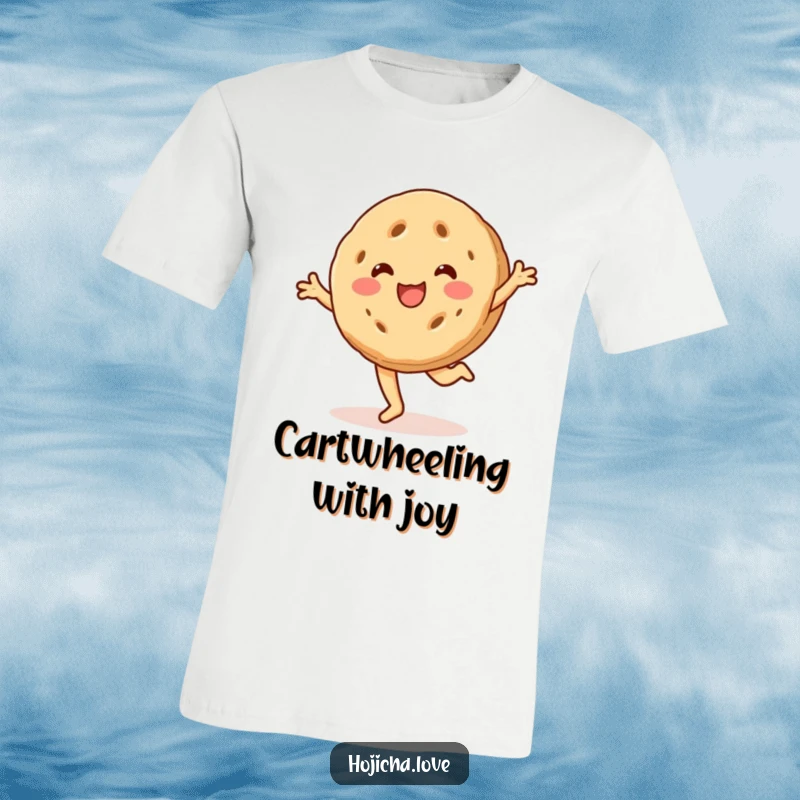 Funny hojicha cookie t-shirt, beaming with a smile and cartwheeling, a joyful and whimsical design.