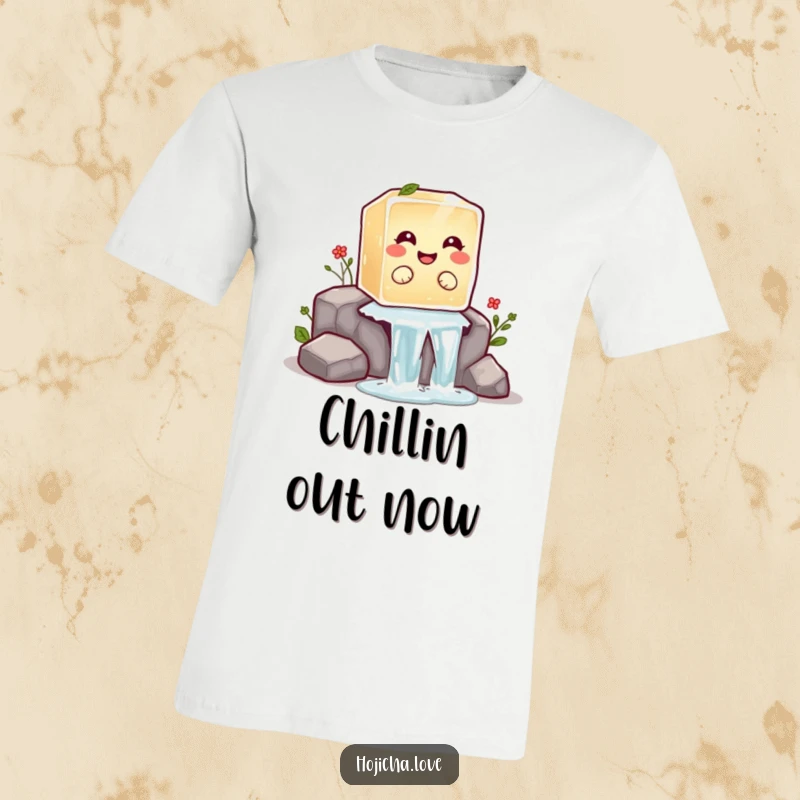 Funny hojicha ice cube t-shirt showing a giggling ice cube taking a fun slide down a small waterfall.