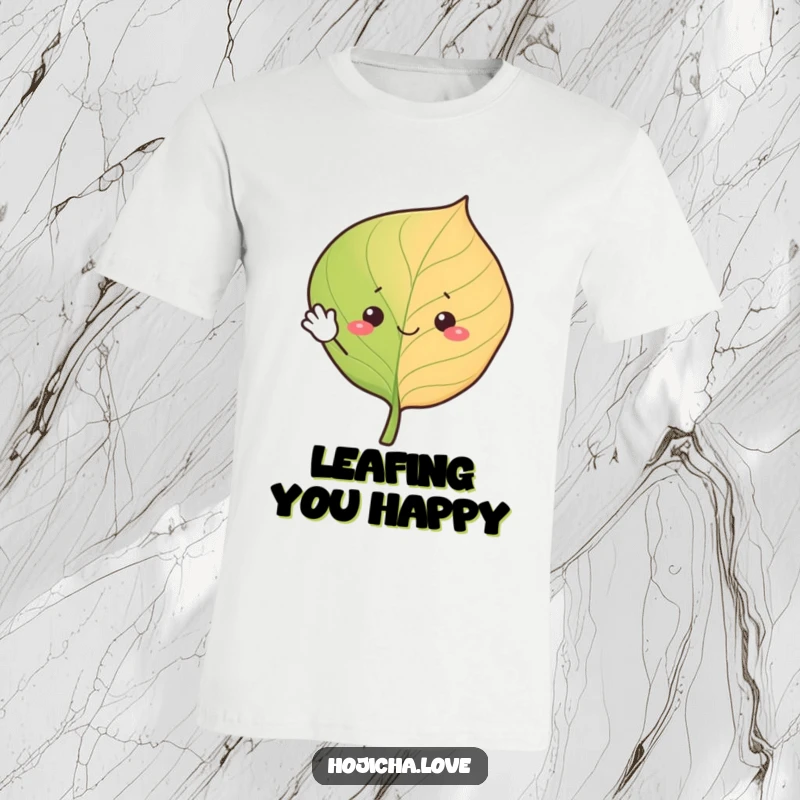 Funny hojicha leaf t-shirt, waving happily with simple eyes, a charming and amusing piece of apparel.