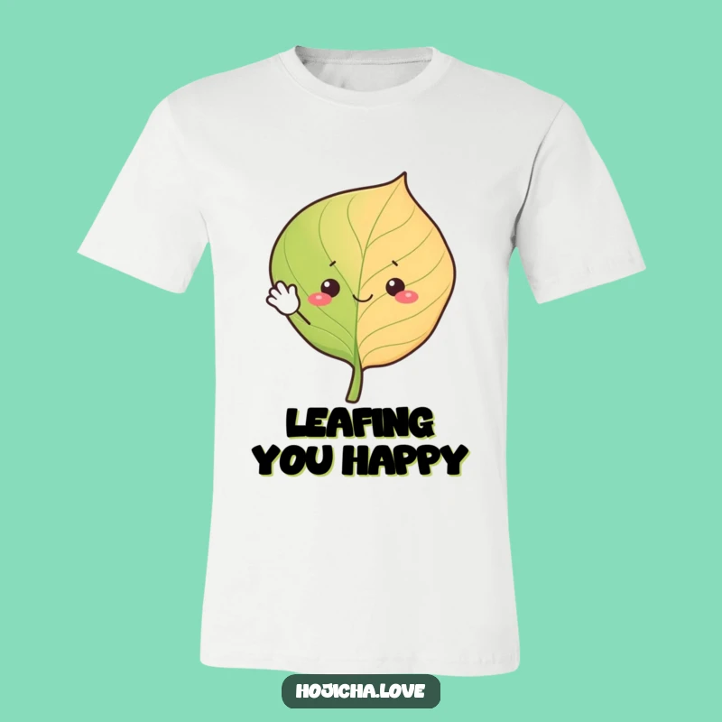 Funny Waving Hojicha Leaf T-Shirt - Cheerful Brew Buddy Tee