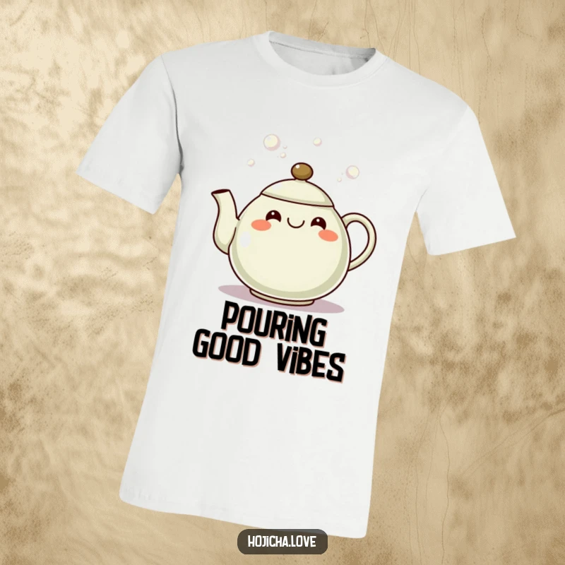 Funny hojicha teapot t-shirt with a happy grinning spout pouring effervescent bubbles, celebrating good times.
