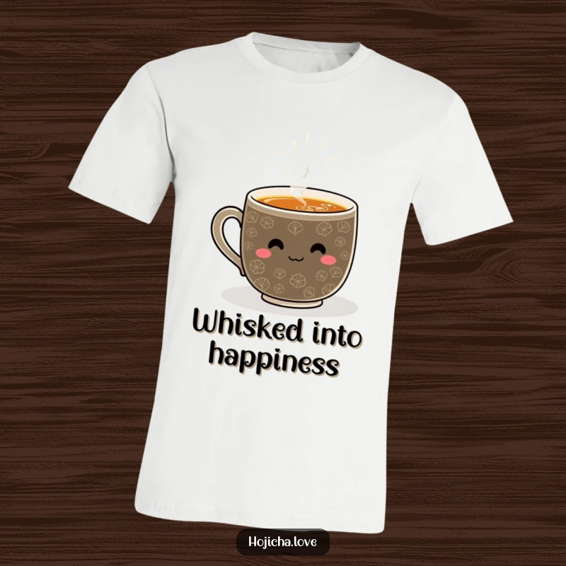 Funny hojicha t-shirt featuring a smiling whisked pattern, embodying cheerful vibes and cozy tea moments.