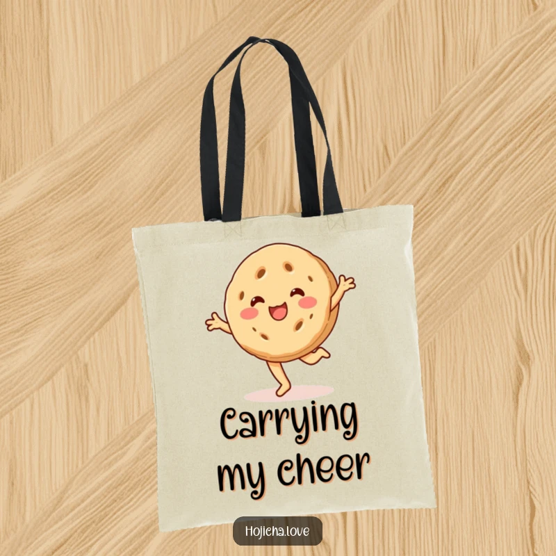 Funny hojicha cookie tote bag, beaming with a smile and cartwheeling, a cheerful and practical accessory.